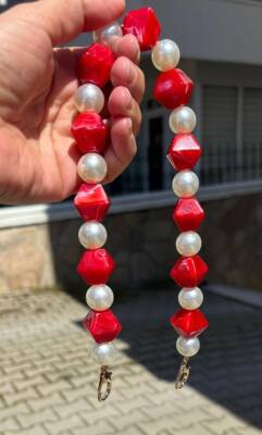 Angel Çanta Aksesuar 40 cm Kırmızı Renk İncili Çanta Sapı Kancalı - 1