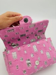 Angel Çanta Aksesuar Pullu Pembe Kot Kumaş, Denim Çanta Zincirli - 4
