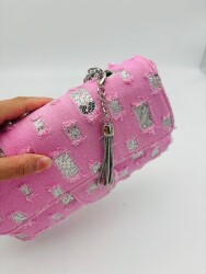 Angel Çanta Aksesuar Pullu Pembe Kot Kumaş, Denim Çanta Zincirli - 7