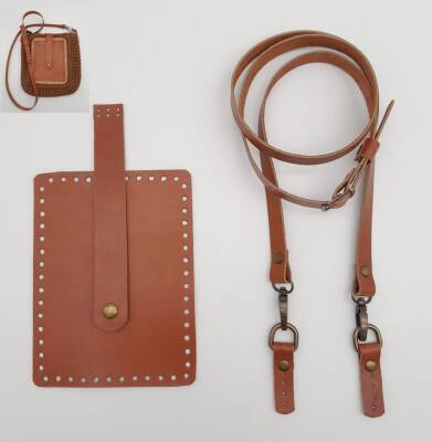 Angel Çanta Aksesuar Taba Gerçek Deri 130x1.5 cm Ayarlı Saplı Mini Bag Çanta Seti Antik Metalli - 1